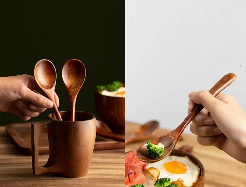 Vista 5 de Cuchara de madera para cocinar, cucharón de mango largo, juego de utensilios para remover sopa 3, cuchara de mezcla de cocina hecha a mano