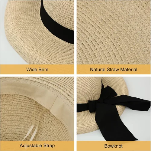 Vista 2 de Surblue Sombrero de verano de paja para mujer, sombrero de sol flexible de ala ancha para playa