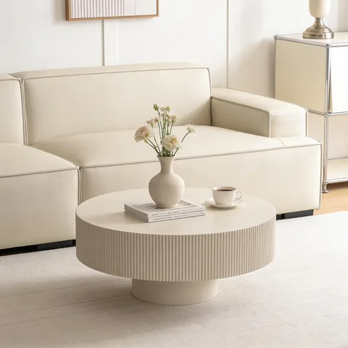 Vista 3 de Moderna mesa de centro redonda acanalada, mesa de centro de madera de tambor contemporáneo con base cilíndrica, mesa central circular para sala