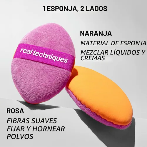 Vista 3 de Real Techniques Miracle 2 en 1 Borla de Polvo, de Doble Cara, Borla de Maquillaje de Tamaño Completo para Mezclar, Banda Elástica Reversible