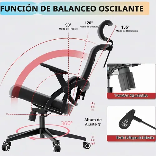Vista 3 de Silla de oficina ergonómica, sillas de escritorio cómodas de 350 libras con reposacabezas ajustable y soporte de espalda lumbar, sillas