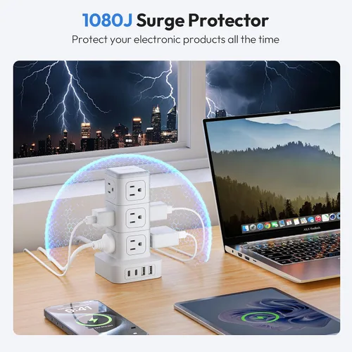 Vista 3 de NTONPOWER Torre de regleta de alimentación con protector de sobretensiones, torre de protección de sobretensiones 1080J, 12 salidas de CA, 4 puertos