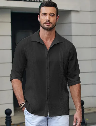 Vista 2 de COOFANDY Camisas cubanas para hombre, ajuste regular, casual, manga larga, con botones