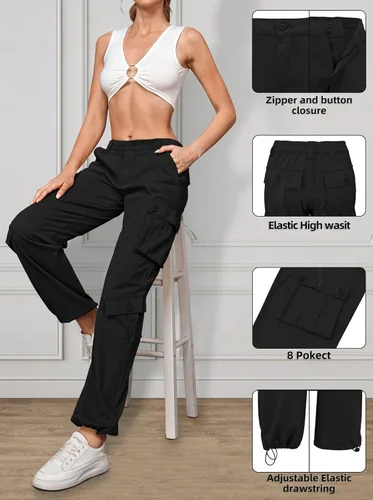 Vista 4 de ZMPSIISA Pantalones de mujer de cintura alta, pantalones cargo militares de pierna ancha, pantalones casuales de 8 bolsillos