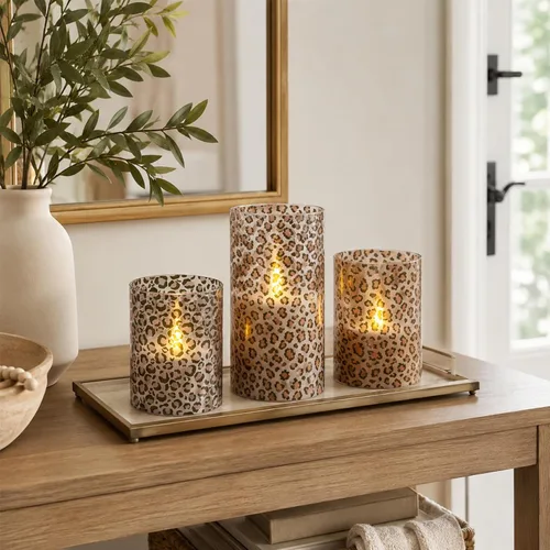 Vista 9 de Mark Feldstein - Velas LED de cristal con estampado de leopardo, juego de 3