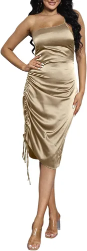 Vista 4 de Vestido de satén para mujer, con tirantes delgados, cordón, fruncido, cóctel, noche, fiesta, club nocturno