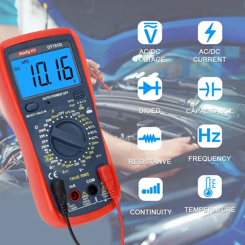 Vista 5 de Multímetro automotriz, True RMS CAT III 600V, probador de voltaje/corriente CA/CC, temperatura/frecuencia/ohmio/ciclo de trabajo, prueba de ángulo