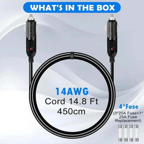 Vista 5 de Cable de carga resistente de 20 A, 14.8 pies, 14 AWG macho a macho, con indicador LED y protección de fusible de 20 A en ambos enchufes