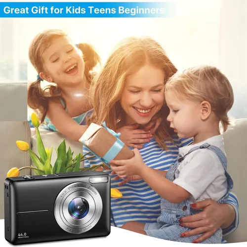 Vista 7 de Cámara digital, FHD 1080P apuntar y disparar cámara para niños, con tarjeta de 32 GB, sello de fecha antivibraciones con zoom 16X, compacto, Negro