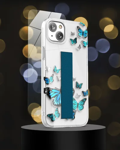Vista 6 de ENCASED Funda para iPhone 14 diseñada para iPhone 14 con correa de mano, soporte para teléfono y protector de pantalla (mariposa azul)