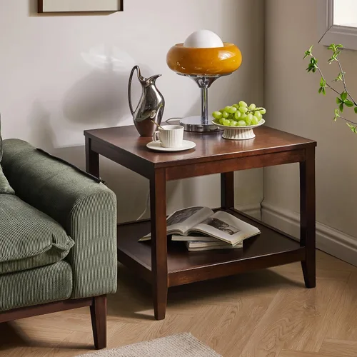 Vista 10 de Wood End Table Side Table Nightstand with 2 Drawer & USB Ports & Outlets 11.81in-brown
