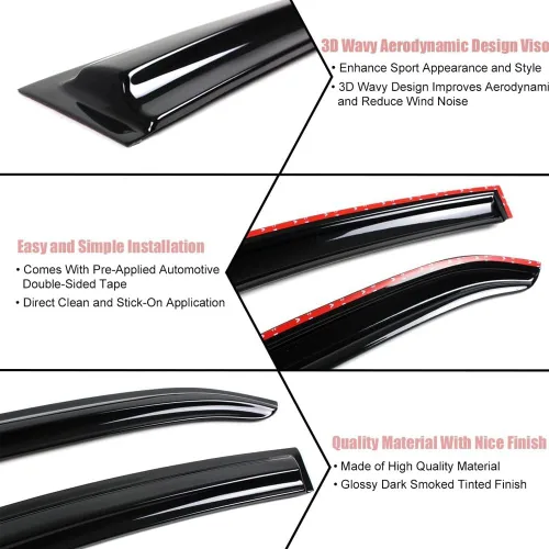 Vista 6 de Deflector de ventana apto para Altima Coupe 2008-2013 Viseras de ventana Protectores de lluvia Estilo Mugen, cinta adhesiva ahumada oscura, juego