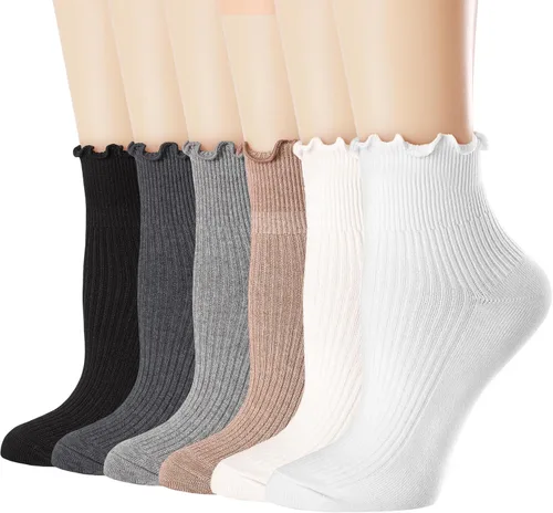 Vista 7 de Mcool Mary Calcetines con volantes para mujer, lindos calcetines de tobillo cálidos de invierno, de algodón de punto ondulado, paquete de 6 1 verde