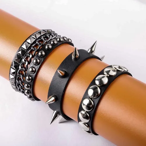 Vista 5 de MILAKOO 3 unids hombres tachonado brazalete remaches pulsera cuero remaches pulsera