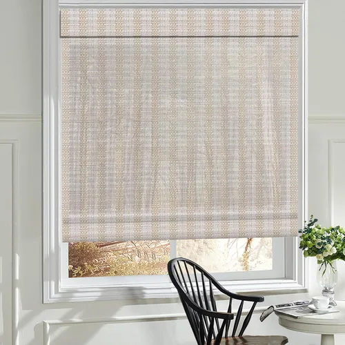 Vista 12 de Cortinas romanas de madera para ventana, cortinas de bambú opacas forradas, fácil instalación para el hogar y el jardín, patrón 1