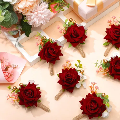 Vista 6 de Sherr Juego de 24 boutonniere burdeos para hombre, diseño de rosa para boda, bolsillo con alfileres, para novio, padrinos de boda, ramillete, traje