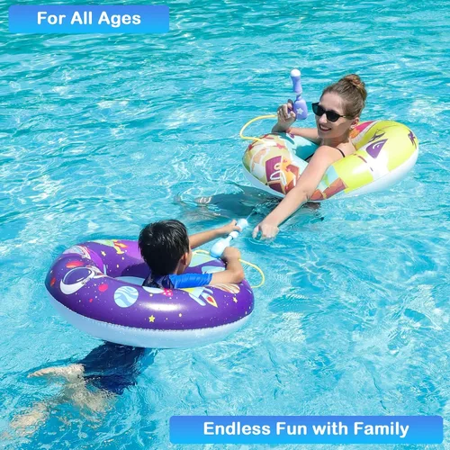 Vista 2 de FindUWill Flotadores de piscina con pistolas de agua para niños, tubos inflables de natación para piscina con pelota de playa, flotadores de piscina