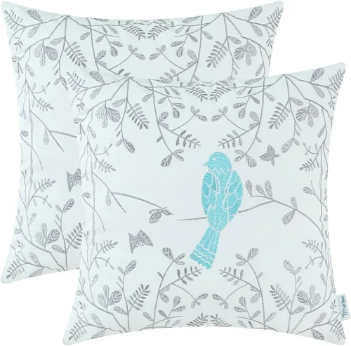 Vista 7 de CaliTime - Paquete de 2 fundas de cojinete de algodón para el sofá, sofá cama, color gris bordado con un lindo pájaro., Algodón, Dorado, 18 x 18