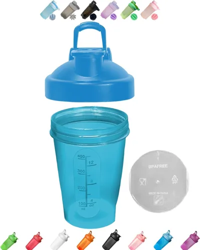 Vista 4 de Blue Shaker Bottle - Botella agitadora clásica de polvo con parte superior clásica y bola batidora de acero inoxidable, botella agitadora clásica