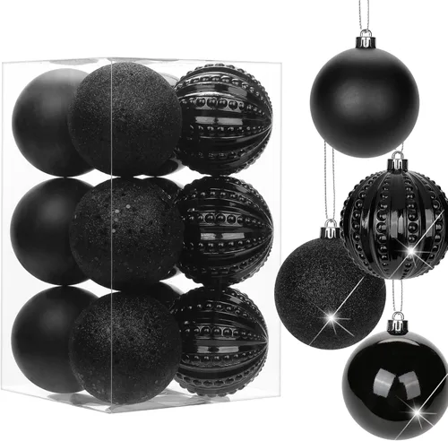 Vista 18 de Adornos de bolas de Navidad negras de 2.36 pulgadas, 25 piezas inastillables, set de adornos de Navidad, bolas de Halloween, adorno negro para árbol