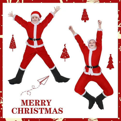 Vista 7 de Geyoga Bonitos trajes de Navidad que incluyen zapatos con sombrero y otros accesorios para cosplay de niños (estilo Santa, M)