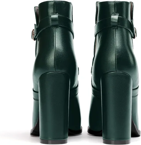 Vista 4 de WAYDERNS Botas altas de tacón alto de tacón alto con hebilla sólida para mujer, punta redonda mate, 4 pulgadas