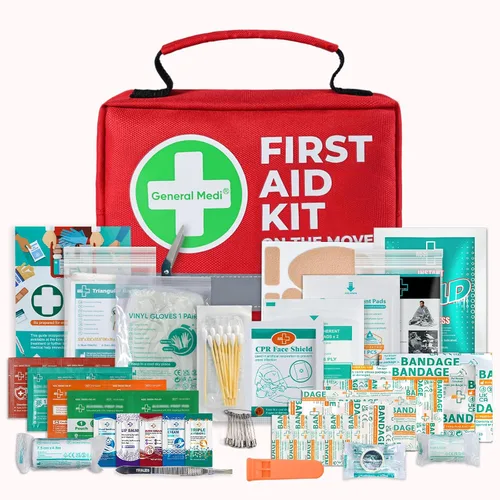 Vista 8 de General Medi Botiquín de primeros auxilios - 150 piezas pequeño y compacto. Incluye paquete frío instantáneo, manta de emergencia para viajes