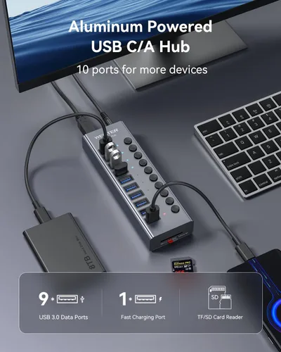 Vista 2 de WENTER Hub USB 3.0 alimentado con lector de tarjetas SD/TF, concentrador USB de aluminio de 10 puertos