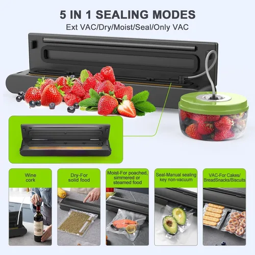 Vista 2 de Máquina selladora al vacío para almacenamiento de alimentos, 5 en 1 con cortador, sellador al vacío de alimentos con modos seco y húmedo, incluye 15