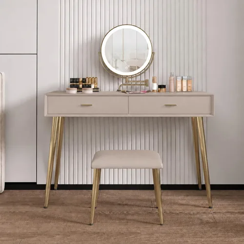 Vista 16 de Juego de escritorio con espejo giratorio de 360° y luces, pequeño tocador de maquillaje con cuero de microfibra, mesa de tocador con 2 cajones Beige