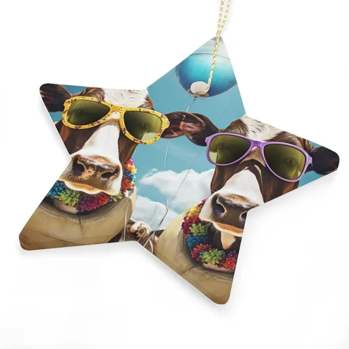 Vista 6 de Adorno de vacas en gafas de sol de porcelana de doble cara de 3 pulgadas, casa de campo, árbol de Navidad, accesorios para colgar, adorno de regalo