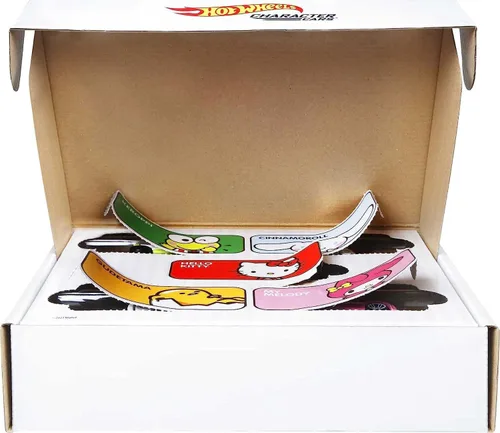 Vista 4 de Hot Wheels Sanrio - Coche de personajes de juguete, paquete de 5 unidades en escala 1:64: Hello Kitty, Keroppi, Gudetama, Cinnamaroll & My Melody