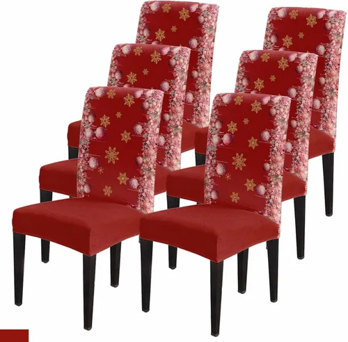 Vista 31 de Savannan - Juego de 4 fundas para sillas de árbol de Navidad, bolas de copos de nieve de color rojo invierno, fundas elásticas para sillas Parsons