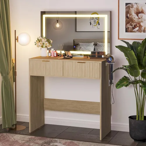 Vista 8 de Fluted Vanity Desk with Mirror and Lights, Makeup Vanity with 2 Drawers, 3 Lighting Modes Adjustable Brightness, Dressing Table for Bedroom, Natural