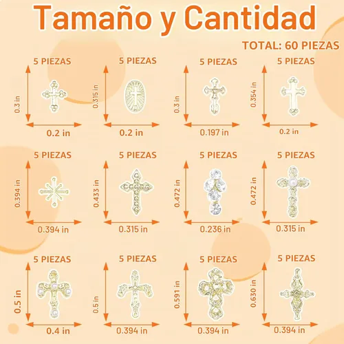 Vista 2 de 60 dijes dorados para uñas Coss, 12 estilos, 3D, cruz y estrella, para uñas Set-3
