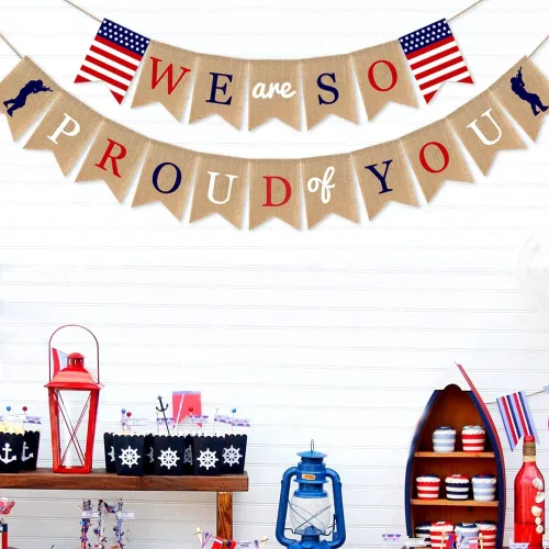 Vista 8 de Decoraciones para fiesta del Día de los Veteranos, bandera estadounidense con la frase "We Are so Proud of You", con soldados patrióticos, Día