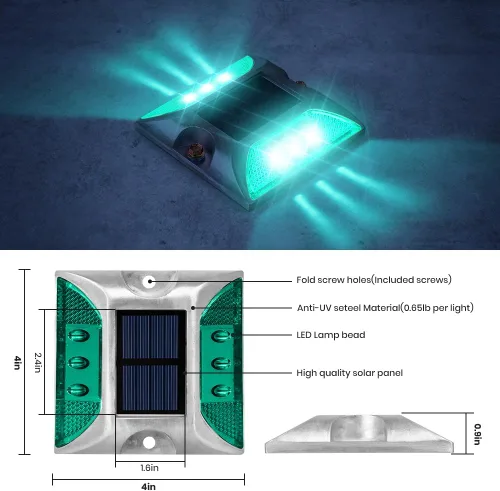 Vista 2 de Perno solar para carretera, 8 unidades, verde, LED, IP68 impermeable, automático, estilo moderno, 4.13 pulgadas de largo x 4.13 pulgadas de ancho x