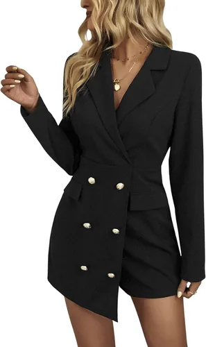 Vista 5 de SweatyRocks Overol corto elegante de manga larga con solapa y botones frontales para mujer