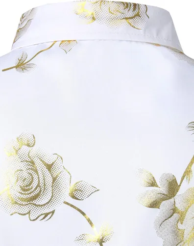 Vista 5 de ZEROYAA Camisas de vestir de manga larga con botones y estampado floral de rosas doradas 3D para hombre