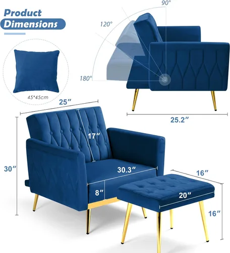 Vista 3 de Silla decorativa de terciopelo con respaldo y reposabrazos ajustables, azul
