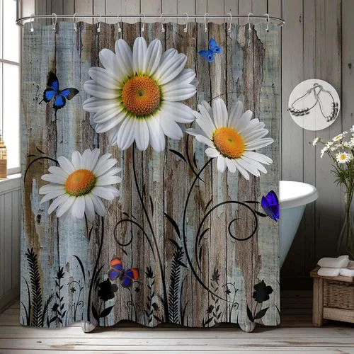 Vista 8 de Cortina de ducha de molino de viento, decoración rústica de baño, tela impermeable con ganchos, 36 x 72 pulgadas