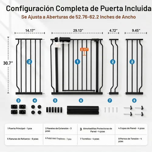 Vista 2 de Puerta para bebé extra ancha con puerta, 52.76 ~ 62.2 pulgadas de ancho, montada a presión, sin taladro, puerta de metal con cierre automático