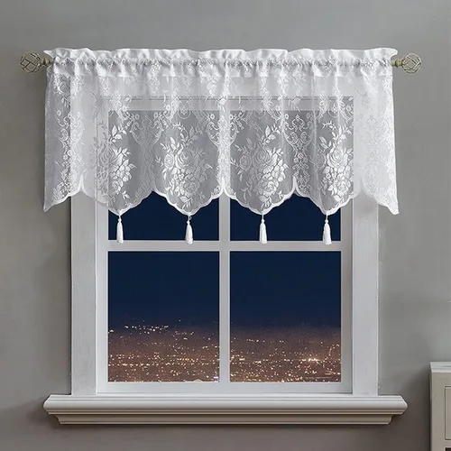 Vista 8 de Cenefa de cortina de ganchillo bohemio para ventana de cocina, retro, rústico, de algodón, con encaje, corta, bolsillo para barra con borlas