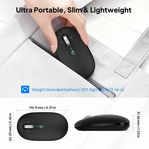 Vista 9 de Ratón Bluetooth inalámbrico, USB + BT × 2, Slim Pebble Multi Device Small Travel Ratones de viaje, Metal 4 Way Super Scrolling, ± 3000 DPI, 8