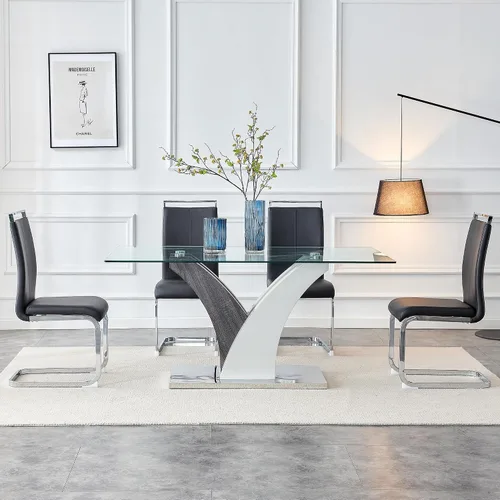 Vista 3 de NYEESS - Juego de mesa de comedor de cristal para 4, moderno juego de mesa de comedor de 63 pulgadas para 4