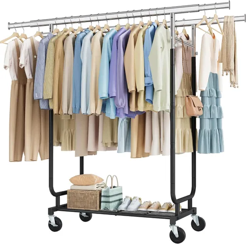 Vista 16 de Hoctieon Perchero de montaje de 1 minuto, 480 libras, percheros de ropa rodantes resistentes con ruedas, perchero plegable para ropa, barra Plata