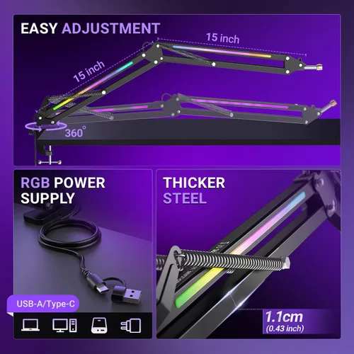 Vista 5 de FIFINE Brazo de Micrófono Articulado, Soporte de Micrófono Ajustable de Metal con Control RGB, Adaptador de Tornillo de 3/8" a 5/8", Abrazadera