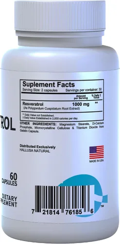 Vista 7 de Hallusa Natural HALLVERATROL Suplemento de resveratrol orgánico, suplemento antioxidante, resveratrol 1000 mg, 60 cápsulas, sin OMG, para un