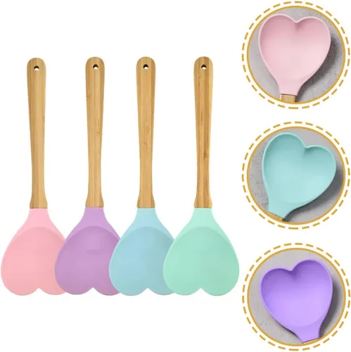 Vista 6 de BESTonZON 4 espátulas de silicona en forma de corazón con mango de madera para hornear, espátulas de silicona para mezclar cocinar hornear