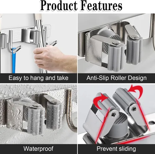 Vista 2 de Soporte para trapeador de escoba de montaje en pared, organizador de metal para almacenamiento de garaje, jardín, cocina, herramientas con 4 Plata
